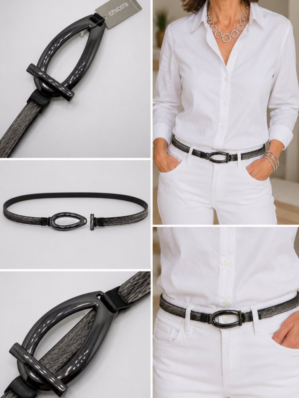 Chico's NWT Black Calf Hair Stretch Belt Gunmetal Statement Buckle 42"